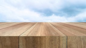 Wood Table bar perspective and cloud animate time lapse background. 4K UHD, Video Clip.