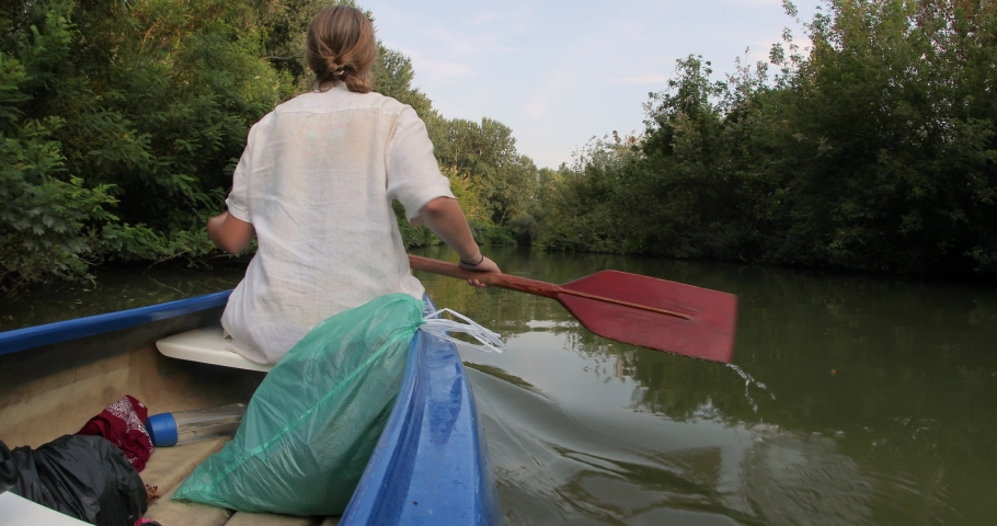 Canoeing in beautiful natural environment, Lake Tisza, Hungary