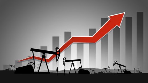 Oil Pumps on background of bar graph with arrow going up. 