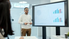 Young Arabian businessman is giving presentation about sales using digital whiteboard in office explaining financial strategies to group of people. - Powered by Shutterstock - Get 15% off with code: PIKWIZARD15