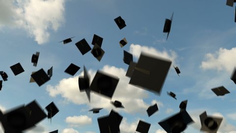 3D animation of a graduation hats in the air on the blue sky background. University completion and diploma awarded ceremony. It's an old tradition to throw academic caps high in the air, loopable.