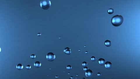 Falling oxygen, drops of water, super slow motion. Waves of blue up. Background Water bubbles exploding up.