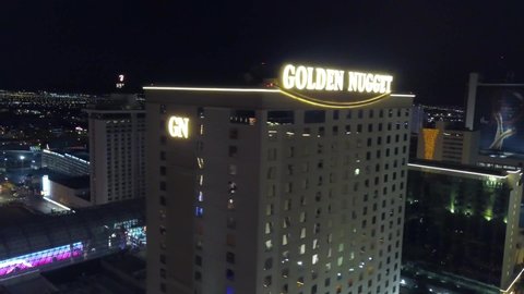 Las Vegas , Nevada / United States - 09 10 2018: AERIAL SHOT OF ICONIC GOLDEN NUGGET HOTEL AND CASINO IN LAS VEGAS