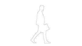 Outline sketch of man walking with the briefcase in hand and talking on mobile phone isolated on white background