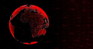Red Globe.This stock motion graphics video shows a red stylized projection of the planet Earth surrounded by flying numerical values.