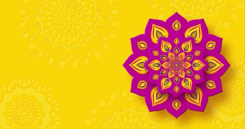 Rotating Indian Rangoli for Diwali festival of lights. Bright purple color on yellow background. 4K video animation.