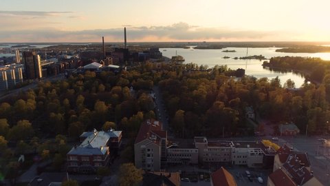 Aerial view of Helsinki during sunrise, Finland . 