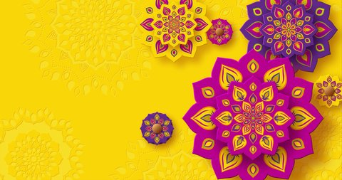 Rotating Indian Rangoli for Diwali festival of lights. Bright purple color on yellow background. 4K video animation.