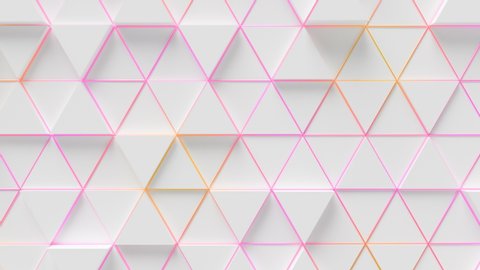 Elegant Triangles Surface Loop 1 Multicolor 2. Many white triangles over a yellow and pink metallic grid. Minimal triangular background. Abstract luxury. 3D animation of triangles. Seamless loop. 4K