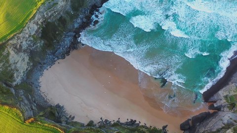Aerial view of Antuerta beach in Ajo village of Bareyo Municipality within the Trasmiera Coast by the Cantabrian Sea in Cantabria Autonomous Community of Spain, Europe