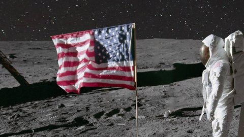 Animation of An Astronaut in space standing on the moon with American USA flag , surrounded by stars from Moon Landing Apollo Mission. Contains public domain image by NASA