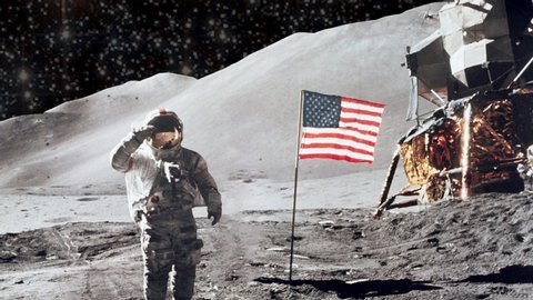 Animation of An Astronaut in space standing on the moon with American USA flag , surrounded by stars from Moon Landing Apollo Mission. Contains public domain image by NASA