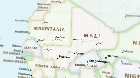 Mali on a political map of the world. Video defocuses showing and hiding the map (4K UHD).