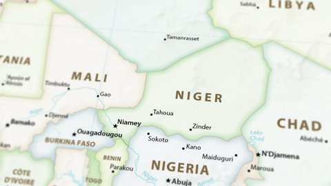 Niger on a political map of the world. Video defocuses showing and hiding the map (4K UHD).