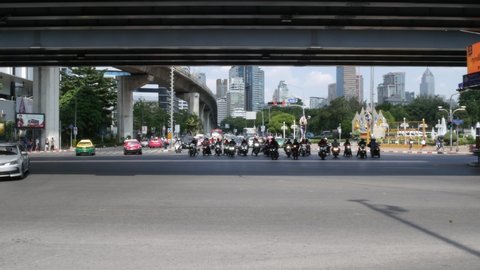 BANGKOK, THAILAND - NOVEMBER 14, 2019: Busy traffic under the Thai Japanese Bridge, at the intersection of Rama IV Road and Ratchadamri Road in Bangkok, Thailand.