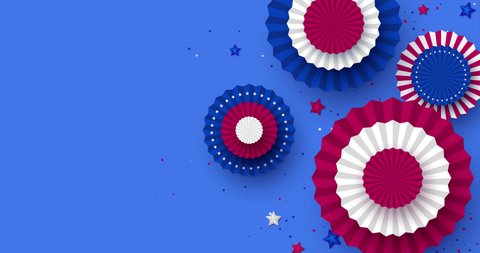 Rotating paper fun in colors of American flag. 4K video animation for 4th of July Independence day or national holidays of America. Blue color background.