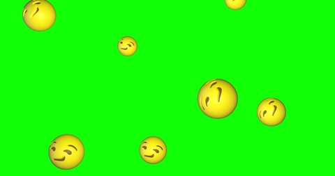 Rain of emojis smirking falling on green screen background. Smirk emoticons flying in chroma key. Smiley face with sly. Social media concept. 4k animation