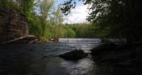 Ellicott City, Maryland / USA - May 23, 2020: A view of Daniels Dam, a dam located next to the crumbling ghost town of "Daniels." The dam is also located adjacent to a Maryland state park. 