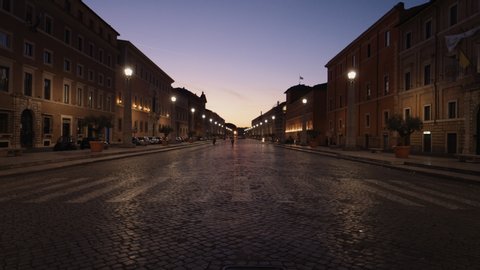 Walking on the Via della Conciliazione street, empty due COVID-19, during dawn, in Rome, Italy - Gimbal, Dolly shot