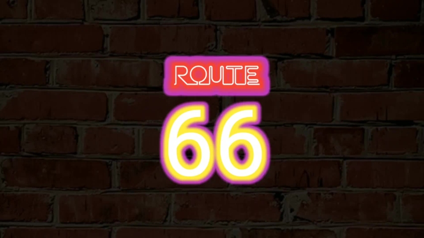 
Animated route 66 neon lines with blink effects and two neon green and blue forming polygon frames against a dark black brick wall background