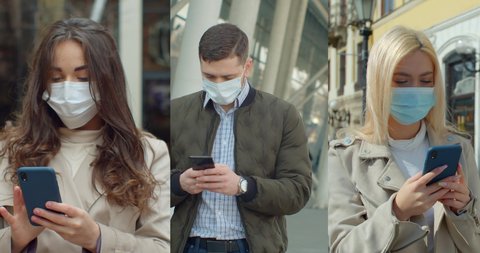 Multiscreen on people using smartphone in everyday life. c Group of people in masks, collage citizens Virus mask on street wearing face protection in prevention for coronavirus covid 19.