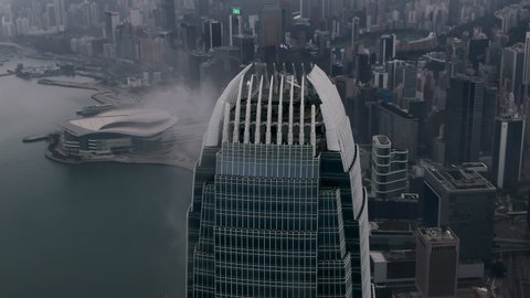 FEB 2020 : Hong Kong ,China ,Asia : aerial veiw of Sea fog around Victoria harbour , Haze surrounds famous Financial buildings 