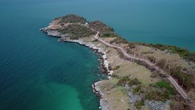 Tham Phang Cape view from Drone flying slowly in day light Ko Sichang island in Chonburi, Thailand Aerial view from above Best place for tourist attraction