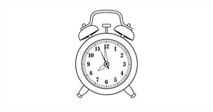 Animation of ringing outline vintage alarm clock at eight hours wake up. 4K vector video motion clip