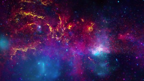 Flying In Orion Nebula 4K is motion footage for scientific films and cinematic in space. Camera flying through a purple celestial nebula constellation and star field in deep outer space.