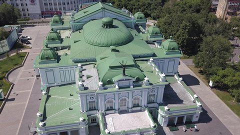 D-Cinelike. Russia, Omsk - July 17, 2018: Omsk State Academic Drama Theater. Omsk, Russia, Aerial View, Point of interest
