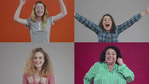 Collage portraits of four beautiful women over multicolored isolated background expressing excitement and joy. Multi screen with four emotional positive females