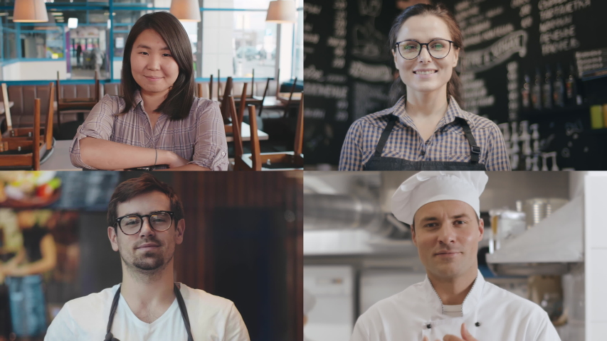 Multi screen of diverse workers of foodservice posing at camera and smiling. Images of happy team of restaurant: waitress, chef and baristas looking at camera. Small business success Royalty-Free Stock Footage #1053249602