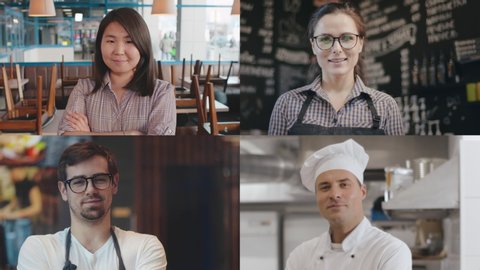 Multi screen of diverse workers of foodservice posing at camera and smiling. Images of happy team of restaurant: waitress, chef and baristas looking at camera. Small business success