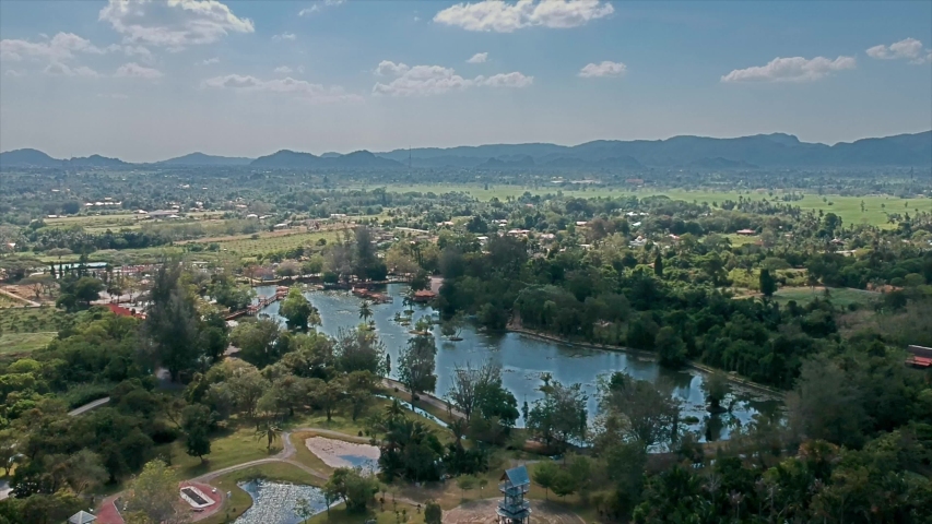 Aerial view of Tasik Melati Recreational Park (Melati Lake) in Chuping, Perlis, Malaysia.
