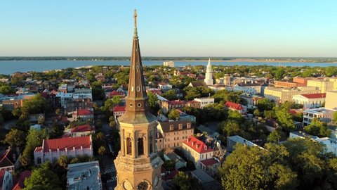 St Philips and St Michaels Church, drone video of historic Charleston, South Carolina with multiple iconic church steeples.