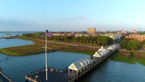 Waterfront Park Pier in historic Charleston, South Carolina with the American Flag waving.