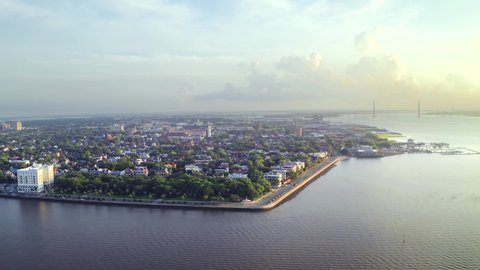 Charleston, SC Peninsula, Battery, and Arthur Ravenel JR Bridge at sunrise. Filmed with drone in historic Charleston, South Carolina.