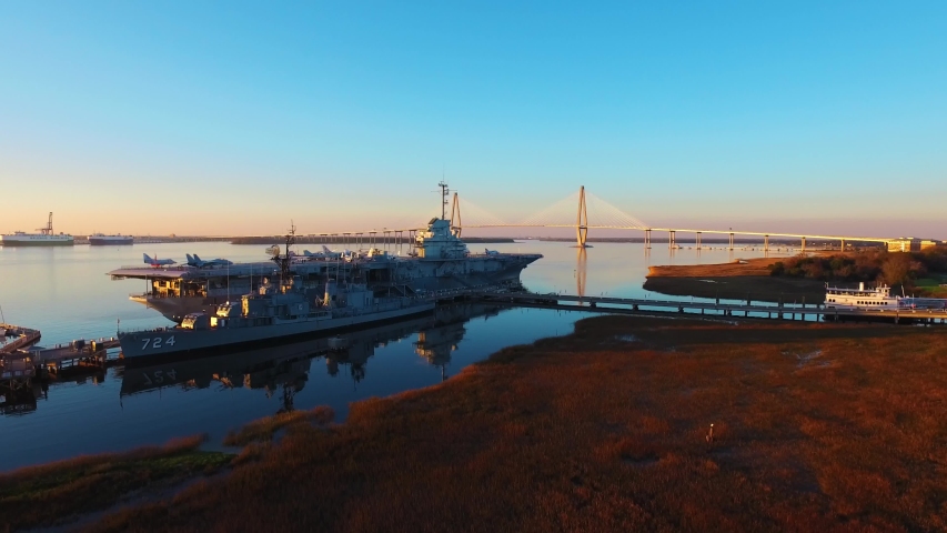 USS Yorktown drone video with the Arthur Ravenel Jr Bridge in the background.