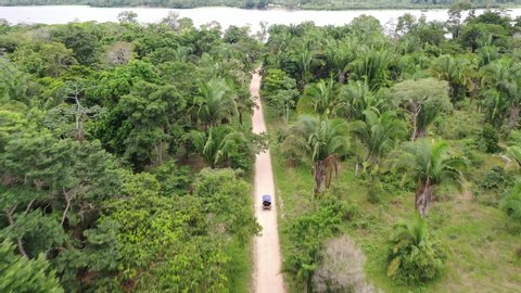 Peru aerial rickshaw - tuk tuk - surrounded by palm trees in the amazon 4k.