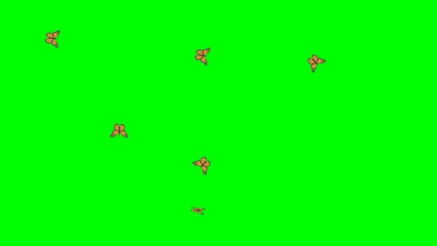 Animated black orange butterflies fly on green background.