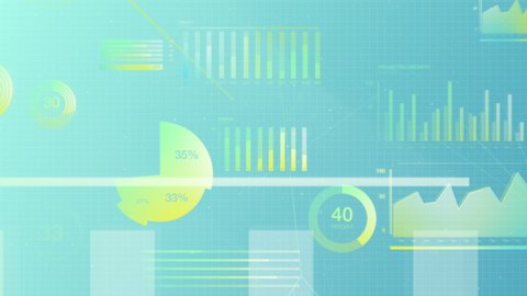 Business data stock market visualization showing pie charts, numbers and graphs in white and yellow on a blue background. 3D animation created in 4k.