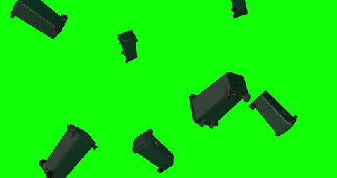 3d rain of plastic trash bins falling on green screen background. Black garbage containers flying on chroma key. Recycle and environment concept. Close up view. 4k animation