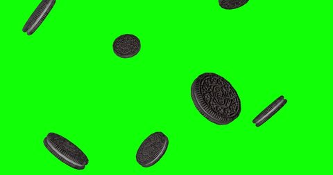 
Rain of 3d OREO cream sandwich cookies falling and flying on chroma key green screen background. Oreo is a sandwich  with sweet cream is the best-selling cookie in the US.