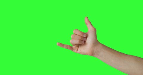Isolated Man Hand Showing The Shaka Surfer Hang Loose Sign, Symbol of Drug Getting High Weed Smoke. Green Screen Compositing. Pack of Gestures Movements on Keyed Chroma Key Background. Body Language. 