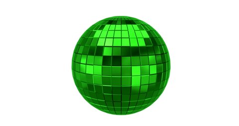 Looping animation of green metallic disco ball rotating on white background. polygonal sphere 3D Rendering