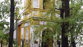 Vertical panorama of the orthodox church in a small village. Video background. Full HD video.