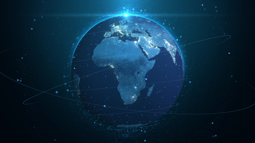 Global communication network concept, The planet earth at night rotating in space, Business expansion worldwide background, 4k Resolution seamless loop.