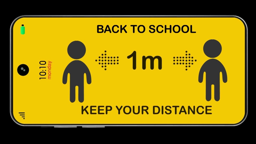 Welcome back to school graphic featuring a friendly message and reminders to keep your distance, ensuring a safe and welcoming return to the classroom.