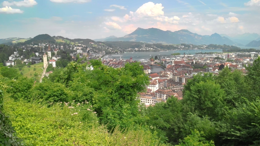 Historic city center of Lucerne with famous Chapel Bridge and lake Lucerne (Vierwaldstattersee), Canton of Luzern, Switzerland