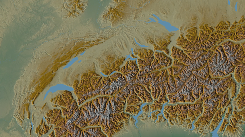 Schwyz, canton with its capital, zoomed and extruded on the relief map of Switzerland in the conformal Stereographic projection